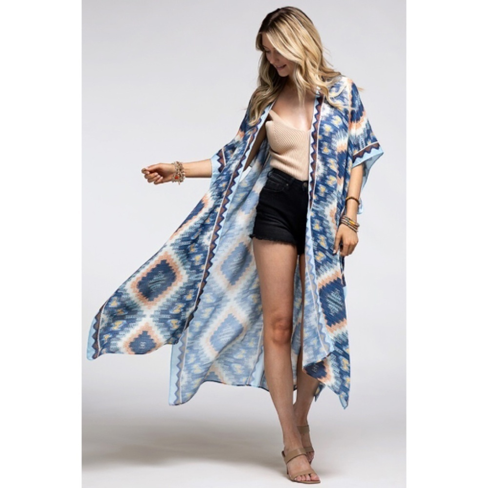 Blue Navy Multi Long Open Front Aztec Tribal Pattern Kimono Wrap Coverup Top